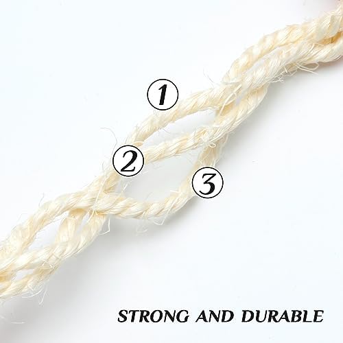 White Sisal Rope 1/4 Inch by 32-Feet for Cat Scratching Post Tree Tower Replacement Repair and Replace, DIY Hemp Twine Rope for Kittens Shelves Furniture Window Bed Perch House Climbing, 6mm by 10m