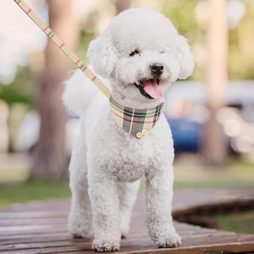 KOOLTAIL Small Dog Collar and Leash Set with Bowtie and Bells - Cute Puppy Bandana Collar and Leash with Classic Plaid Pattern, Soft Leather Tangle Free Leashes for Small Boys Girls Dogs,Cats,Beige XS