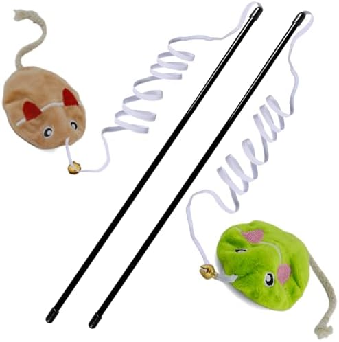 Interactive Cat Toy Wand with Catnip Mouse, Cat Teaser Wand Rainbow String for Bored Indoor Adult Cats and Kittens (2 Pack Mouse)