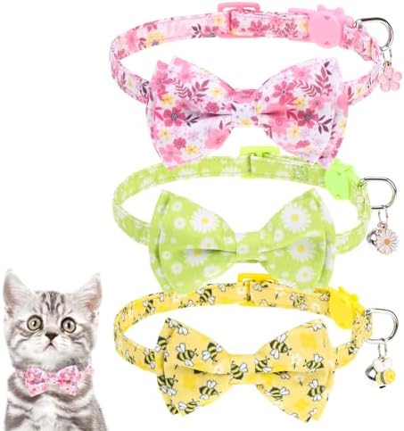 KOOLTAIL Cute Cat Collar Breakaway with Bow Tie and Bell, 3 Pack Adjustable Fancy Flower & Bee Kitten Collar with Charm Pendant & Safety Buckle for Girls Boys Kitty,Daisy & Sakura