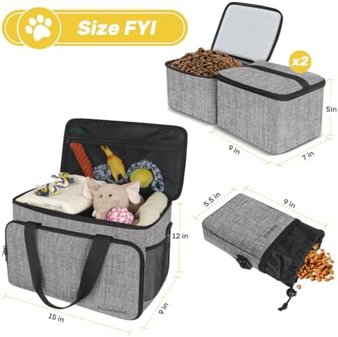 6 Set Dog Travel Bag, Large Pet Travel Kit for Supplies, Grey