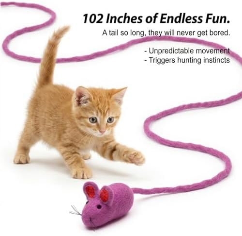 Glaciart One Felt Mouse Cat Toy – Soft Fuzzy Enrichment 100% Natural Wool - Interactive Catnip Play Cat Toy Set - Safe for Pets, Non-AZO Colored Dyes - 100” Long