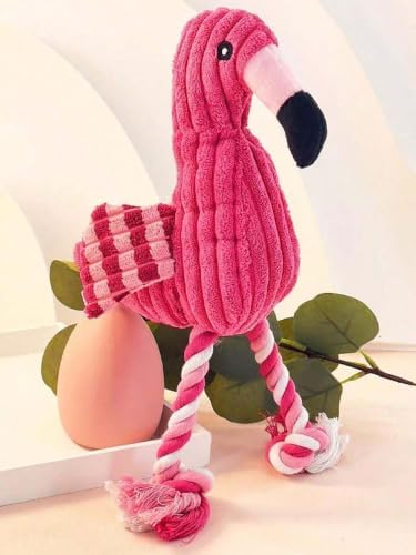 Plush Flamingo Dog Toy with Squeaker and Rope Legs, Corduroy