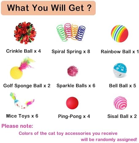 Cat Toys Assortment - Interactive Kitten Toy Bundle with Sparkle Pom Pom Balls, Crinkle Balls & Spring Toys for Indoor Cats(38-Pack)