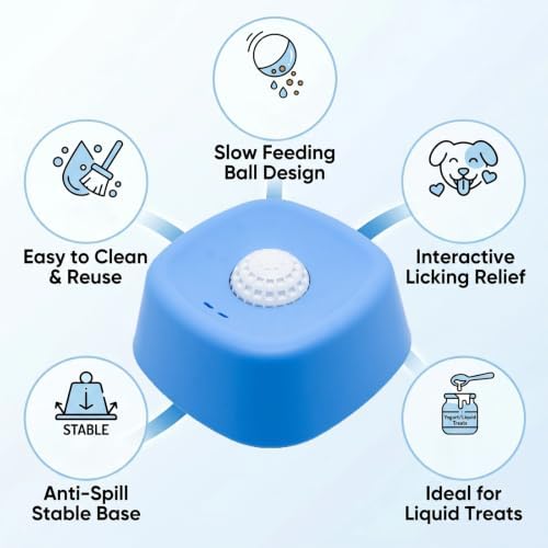 Slow Feeder Dog Bowls for Liquid Treat, Anti-Slip【Entertained Ball-in】 Bone Broth Dog Lick Bowl, 3/4 Cup Yogurt Pup Lick Toy for Large Medium Small Breeds Dietary Supplement/Post-op Nutrition (Blue)