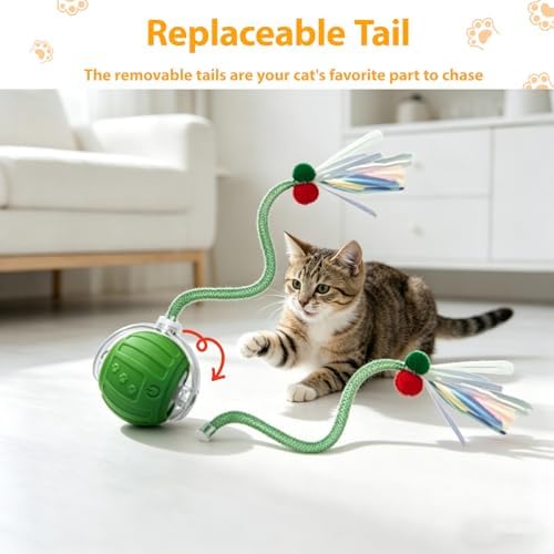 Interactive Cat Toys Ball for Indoor Cats, Automatic Self-Rolling, Motion-Activated, Bird Chirping Cats Dogs Ball Toy with Elastic Mesh Tail, Cat Enrichment Toys for Indoor Cats (Green)