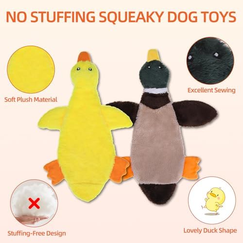 PAWCHIE Squeaky Dog Toys for Small Medium Large Dogs, No Stuffing Crinkle Puppy Toy,Soft Pet Plush Teething Toys 2 Pcs Mess-Free Interactive Chew Toy for Boredom Best Birthday Gift, Yellow & Wild Duck