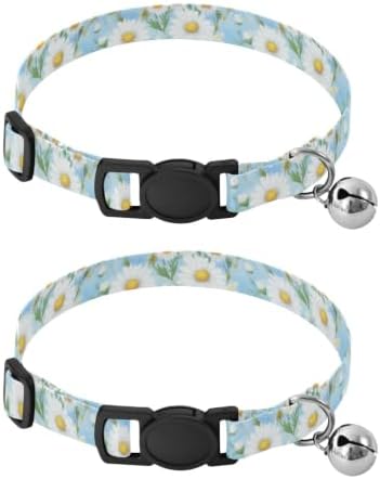 White Daisies Green Leaf Dog Collars for Small Dogs, 2 Pack Puppy Collar with Bell