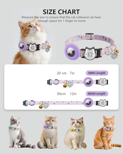 Cute Floral Breakaway Cat Collar with QR Code ID, Cotton Kitten Collar with Bell & AirTag Holder, Adjustable Safety Collar for Cats,Pastoral Style with airtag Holder(Pink)