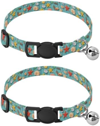 2 Pack Pet Collars Seashell Starfish Wood Aqua Dog Collar with Bell, Adjustable 10.6 to 17.1 Inches