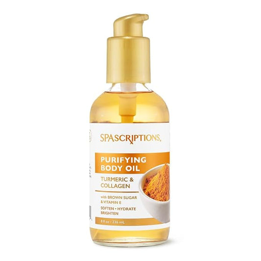 SpaScriptions Turmeric & Collagen Body Oil - After Shower Infused Body Oil for Nourished, Even Tone Skin, Hydrating Lightweight Non-Greasy Daily Moisturizer for Women in Premium Glass Bottle, 8 oz