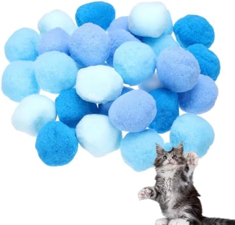 Cat Toy Pom Ball, Interactive Cat Ball Toys Fuzzy Pompoms (Plush, 1.2Inch, 30Pcs, Blue Tones) for Kittens Pet Enrichment Training Play Indoor