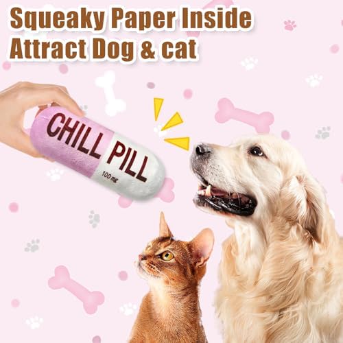 Wanheart Funny Chill Pill Dog Toy, Squeaky Plush Capsule for Teething Puppies & Cats, Interactive Chew Gift with Bite-Resistant Design, Pet Lover Present, Training Supply & Photo Prop(Pink)