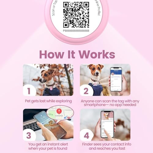 Silent Silicone Dog ID Tag with NFC, Scan QR for Instant Location Alerts, Emergency Contact and Modifiable Pet Profile, 1 Pack (Pink)