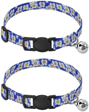 2 Pack Pet Collar Blue White Pansy Flowers Cat Collar Breakaway with Bell, Adjustable Length 10.6" to 17.1"
