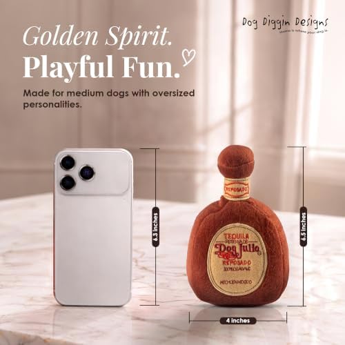 Dog Diggin Designs Dog Julio Tequila Plush Dog Toy | Luxury-Inspired Parody Tequila Bottle Dog Toy with Squeaker, Soft Plush Novelty Dog Toy – Shaken, Not Stirred!