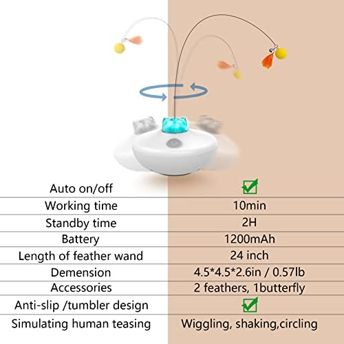 Oxawo Interactive Cat Toys Indoor Cats Toy Automatic Moving Feather Wand | Flying Feather Wobble Base Rechargeable Cat Toy, Extra Long Feather Wand Spin Cat Game & DIY Tails On