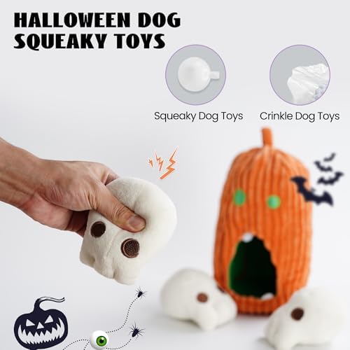 Nocciola Halloween Dog Toys 4 PCS, Pumpkin + 3 Skull Squeaky Dog Toy for Small Puppy Dog to Keep Them Busy, Durable Plush Hide and Seek Dog Toys for Small Medium Dogs