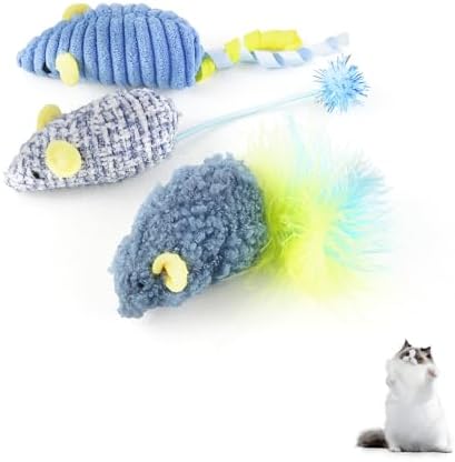 Andiker 3PCS Cat Mouse Toys, Colorful Catnip Toys for Cats with Rattle Box Ribbon Feather Interactive Cat Toys for Indoor Cats to Chew Bite Teeth Cleaning (Blue)