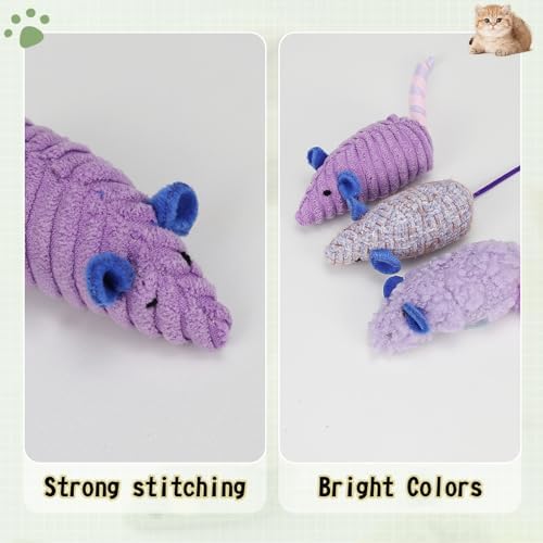 Andiker 3PCS Cat Mouse Toys, Colorful Catnip Toys for Cats with Rattle Box Ribbon Feather Interactive Cat Toys for Indoor Cats to Chew Bite Teeth Cleaning (Purple)