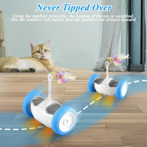 Interactive Cat Toy for Indoor Cats, Smart Toys with 2 PCE Feathers, Automatic Moving Wheels Toys for Kitten, Rechargeable Mouse Cat Toy for Bored Adult Cats