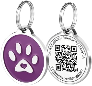 Pet Dwelling QR Pet Tag – Easy Scan Instant Location Alerts, Online Pet Profile with AI Feature for Dogs & Cats (Purple Paw)