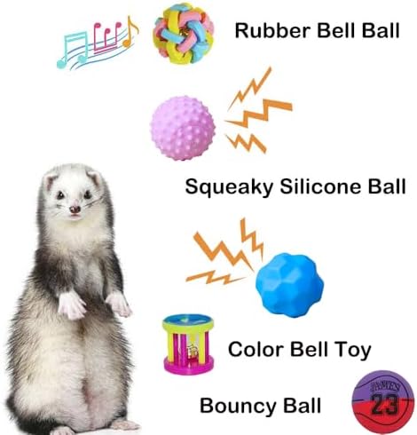 12 pcs Ferret Squeaky Toys Balls Squeaker Toys Teething Chewing Toy Colorful Bouncy Rubber Bell Balls Mylar Crinkle Interactive Sound Exercise Scratch Chew Toy for Ferrets Pet Cat Dog