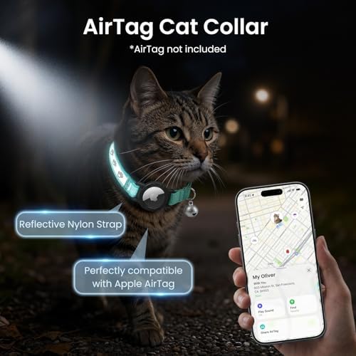 Reflective AirTag Cat Collar, Integrated Cat Collar with Air Tag Holder | Built in AirTag Holder, Adjustable 7-13in for Cats, Kittens and Puppies, Safety Elastic Band, Reflective for Night Walking