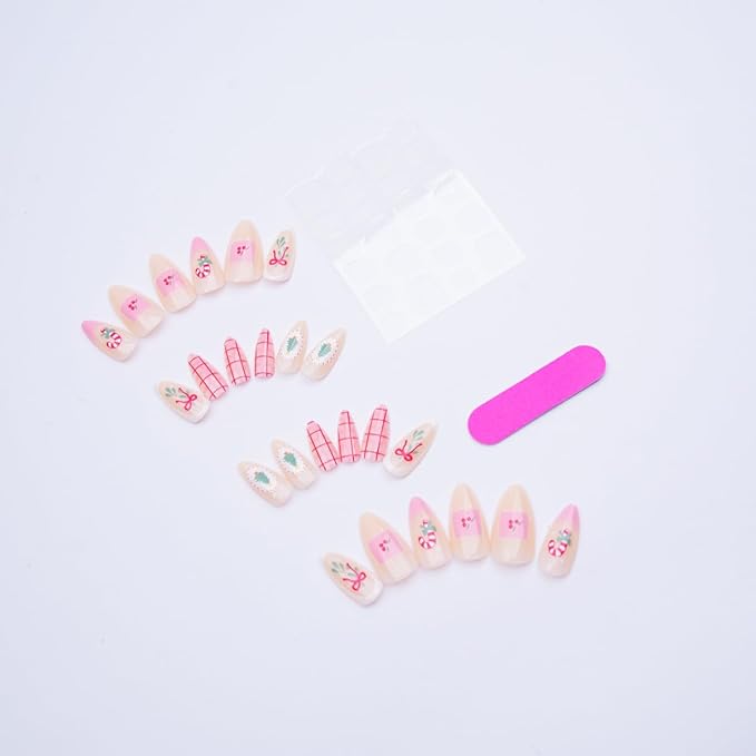 Christmas Press on Nails Bow Fake Nails Xmas Tree Glue on Nails Medium Almond False Nail Artificial Acrylic Glossy Full Cover Pink Stick on Nail for Women Manicure 24Pcs