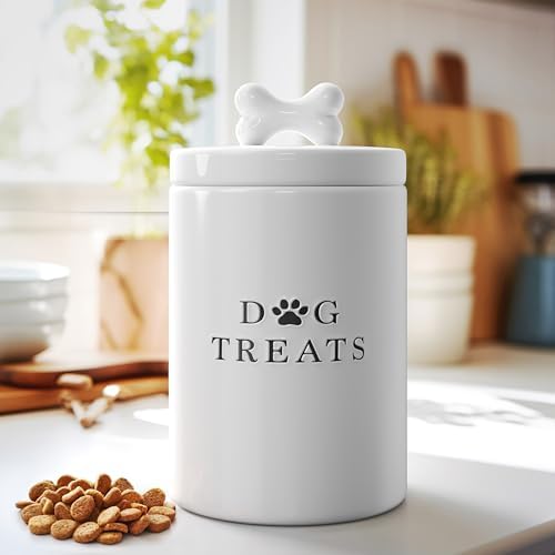 Barnyard Designs Ceramic Dog Treat Container with Airtight Lid (White)