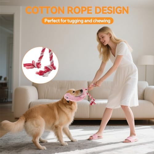 AUSCAT Plush Dog Rope Toy, Durable Squeaky Dog Toys for Puppy Small Medium Dogs, Not for Aggressive Chewers, Flamingo