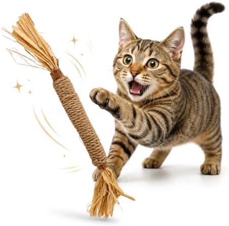 Sisal Wrapped Cat Chew Toy, Natural Raffia Stick for Indoor Cats, Interactive Kitten Teether for Teeth Cleaning, Biting, Exercise, Boredom Relief, Durable Pet Gift, Lightweight Handy Play Accessory