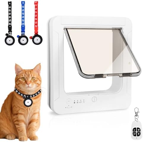 Smart Cat Door for Interior & Exterior, Flap Opening is 7.67’’ (H) by 7'' (W), RFID Cat Pet Door with 3 RFID Collar Sensor Keys & 1 Remote & 4 Way Locking Cat Flap, Automatic Opening Cat Door ﻿(White)