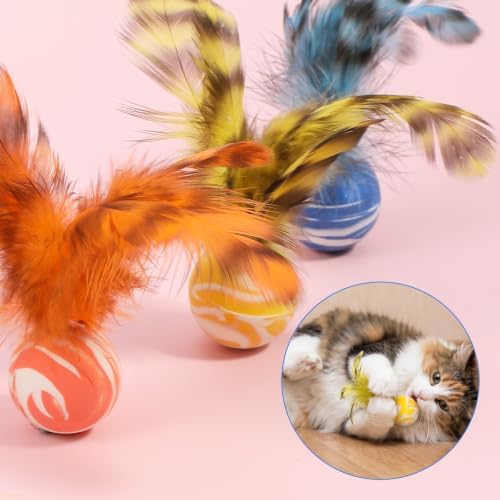 5 Pcs Bouncy Balls for Cats Chasing- Cat Feather Toy with Natural Feather