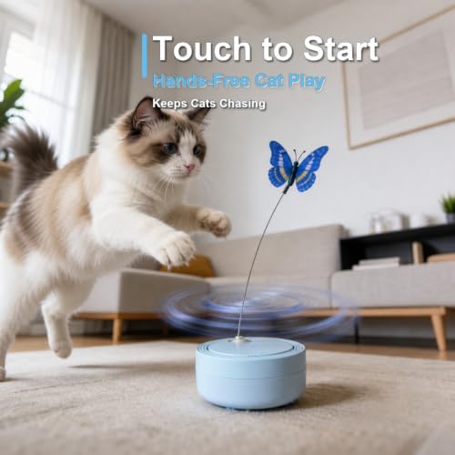 Interactive Butterfly Cat Toy for Indoor Cats, 360° Rotating Wand, Blue