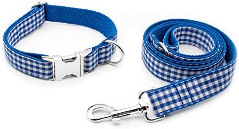 Durable Engraved Dog Collar Adjustable Sizing Fabric (Blue Plaid)