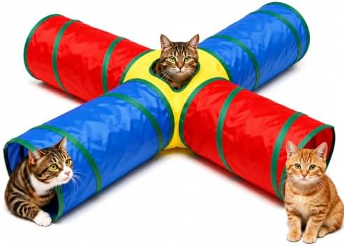 Cat Toys - 4-Way Tunnel for Indoor Cats with Peek Hole & 2 Mice - Large Foldable Rainbow Tube with Hanging Ball for Kittens, Rabbits, Small Dogs - Ideal Cat Toy