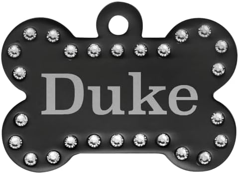 Signature Custom Laser Engraved Anodized Aluminum Pet ID Tags (Black, Swarovski Crystal Bone 1 1/2" x 1")