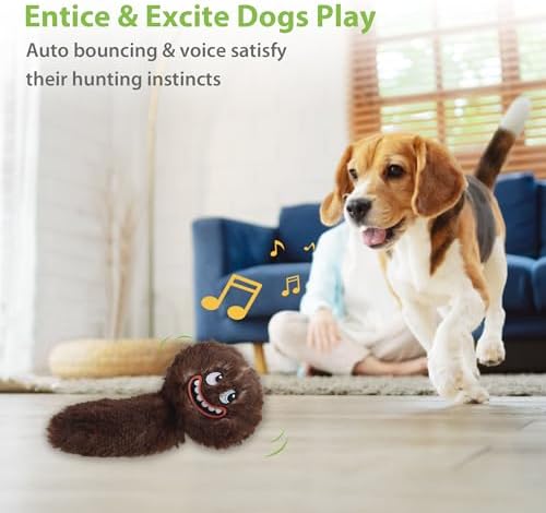 PETGEEK Interactive Dog Toys Ball - Rechargeable, Squeaky Plush Crazy Bouncer Dog Ball with Wiggles & Vibrations, Durable Moving Vibrating Toy for Small, Medium, Large Dogs (6 Inches, Brown)