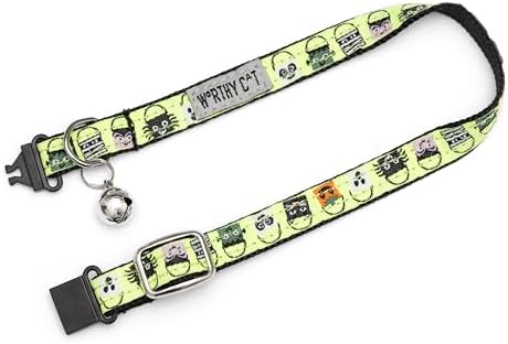 THE WORTHY DOG Halloween Patterns, Breakaway Cat Collar with Bell, Lime