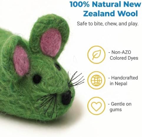 Glaciart One Felt Mouse Cat Toy – Soft Fuzzy Enrichment 100% Natural Wool - Interactive Catnip Play Cat Toy Set - Safe for Pets, Non-AZO Colored Dyes - 100” Long