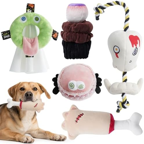 Fuzzwoof 5 Pack Halloween Dog Squeak Toys, Spooky Snacks + Skull Rope Large Dog Tug Toys, Food Theme Plush Puppy Interactive Toys for Fun & Teeth Cleaning