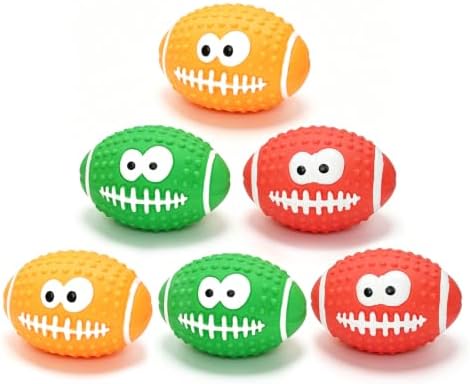 6 Pack Squeaky Dog Football Toys, Interactive Training Toys for Medium & Large Dogs, Soft Teething Fetch Chew Balls with Built-in Squeaker, Indoor Outdoor Water Play, 3 Colors
