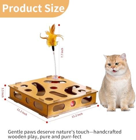 Interactive Wooden Cat Toy Box with Balls & Teaser Wand