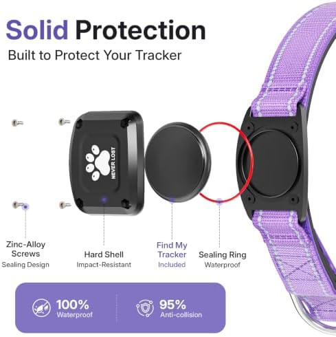 GPS Dog Collar with Tracker, Waterproof, No Monthly Fee, Purple, M | Works with Apple Find My, iOS Only, MFi Certified, No SIM Card, for Medium Dogs, Reflective Padded Nylon, Neck 14.5-19.5 in