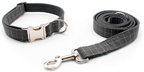 Durable Engraved Dog Collar Custom Name Fabric Adjustable (Gray Plaid)