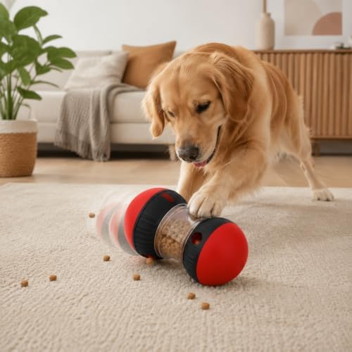 Interactive Dog Treat Dispenser, Pumpkin Shaped Slow Feeder Puzzle Toy for Small Medium Large Dogs, BPA Free ABS Dog Food Dispensing Toy for Indoor Outdoor Use, Red