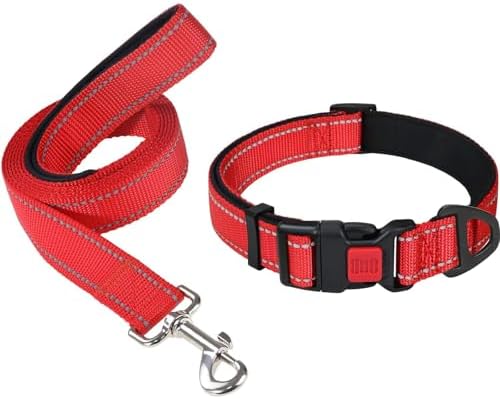 Taglory 14"-20" Dog Collar and 6 FT Dog Leash Set, Highly Reflective Threads Dog Leash, Adjustable Reflective Dog Collar with Safety Locking Buckle for Medium Dogs