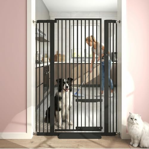 55.11" Extra Tall Pet Gate With Small Cat Door - 29.5-40.6 Wide, No Drilling Pressure Mount Kit for Cats and Dogs, Indoor Doorways, Living Room, Bedroom - Black