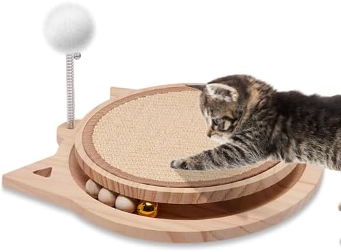 Natural Sisal Cat Scratcher, Round Cat Toys for Indoor Cats Interactive Toys with Ball Track Spring Ball, Kitten Toys for Chasing Hunting Mental Physical Exercise Puzzle